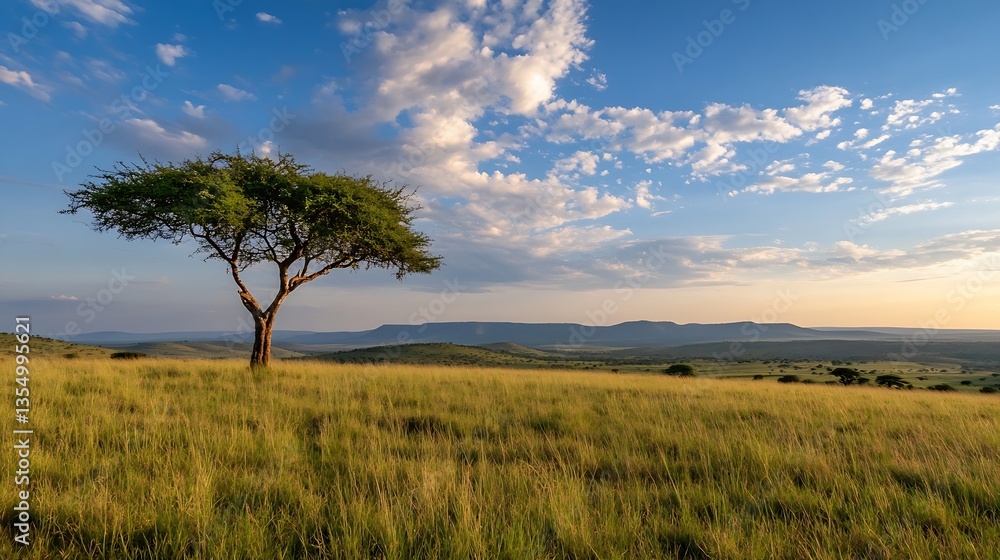 Isolated acacia tree stands tall in a golden grass field under a stunning sunset sky view : Generative AI Isolated acacia tree stands tall in a golden grass field under a stunning sunset sky view : Generative AI