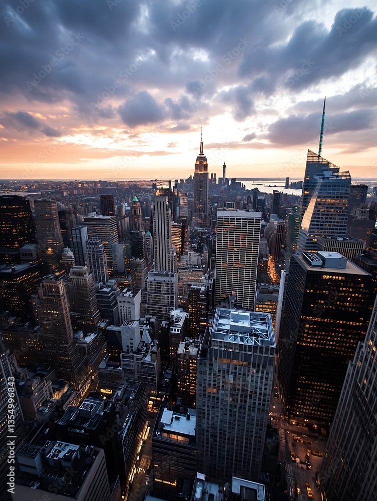 Obraz premium Stunning Aerial View of a Bustling City Skyline During Sunset with Dramatic Clouds : Generative AI