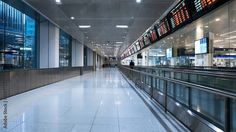 Obraz premium Empty modern airport terminal with information boards displaying travel details and schedules : Generative AI