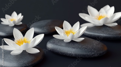 White lotus flowers scattered around smooth spa stones, isolated on transparent background, polished textures, vibrant petals, clean edges, sharp focus, and peaceful and decorative design.