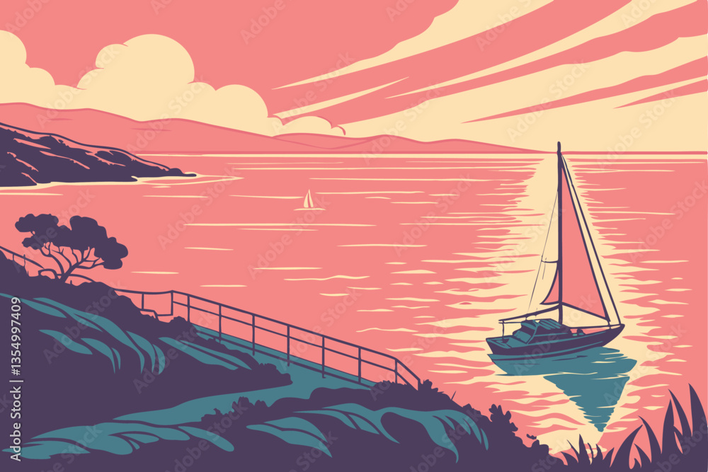 Naklejka premium 10 Breathtaking sunset over calm ocean, Vibrant pink and orange sky, Soft blue gradient, Rippling water reflection, Serene seascape, Distant horizon, Wispy clouds, Golden hour, Tranquil atmosphere, Hi