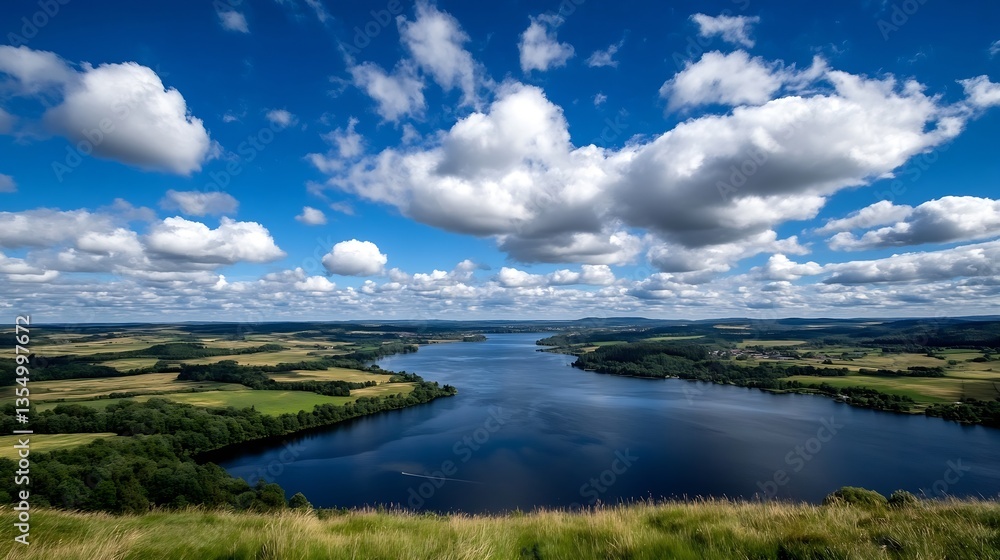 Breathtaking panoramic view of a tranquil lake surrounded by rolling hills and dramatic clouds : Generative AI Breathtaking panoramic view of a tranquil lake surrounded by rolling hills and dramatic clouds : Generative AI