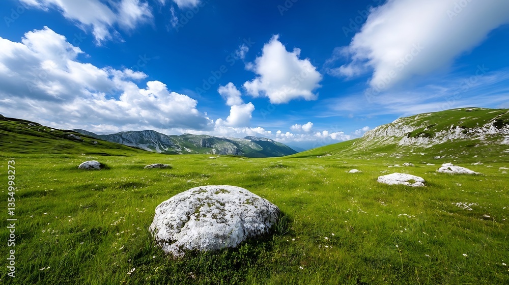 Vast Green Hills and Rocky Landscape under a Beautiful Blue Sky with Fluffy Clouds : Generative AI Vast Green Hills and Rocky Landscape under a Beautiful Blue Sky with Fluffy Clouds : Generative AI