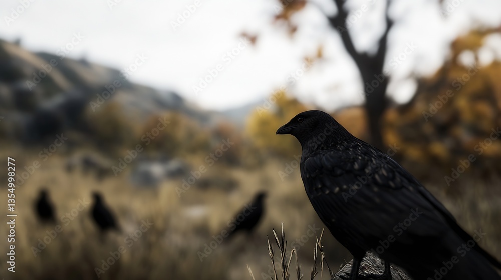 Fototapeta premium Close Up of a Black Raven Standing Proudly in a Scenic Autumn Landscape with Blurred Background : Generative AI