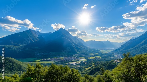 Breathtaking Mountain Landscape with Clear Blue Sky and Brilliant Sunlight Over the Valley Below : Generative AI