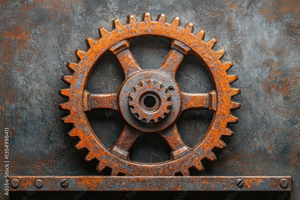 Rusty gear mechanism on dark metal plate Rusty gear mechanism on dark metal plate