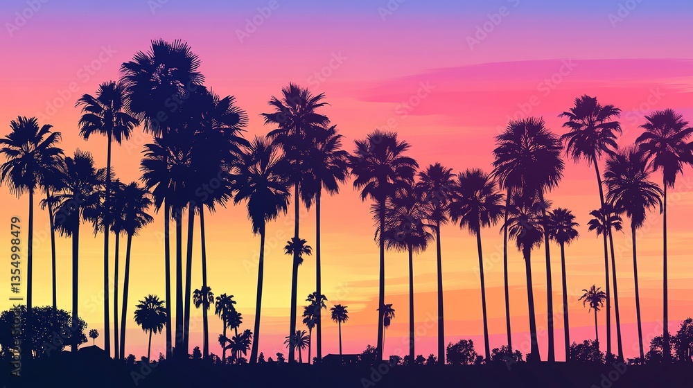 Fototapeta premium A silhouette of palm trees against a summer sunset sky.
