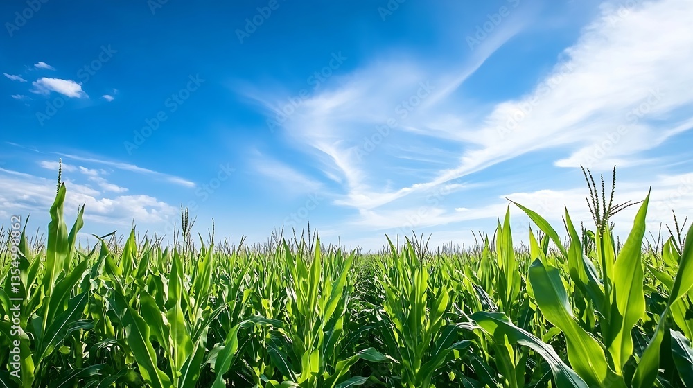 Vibrant cornfield stretching under a bright blue sky adorned with fluffy clouds and wispy patterns : Generative AI Vibrant cornfield stretching under a bright blue sky adorned with fluffy clouds and wispy patterns : Generative AI