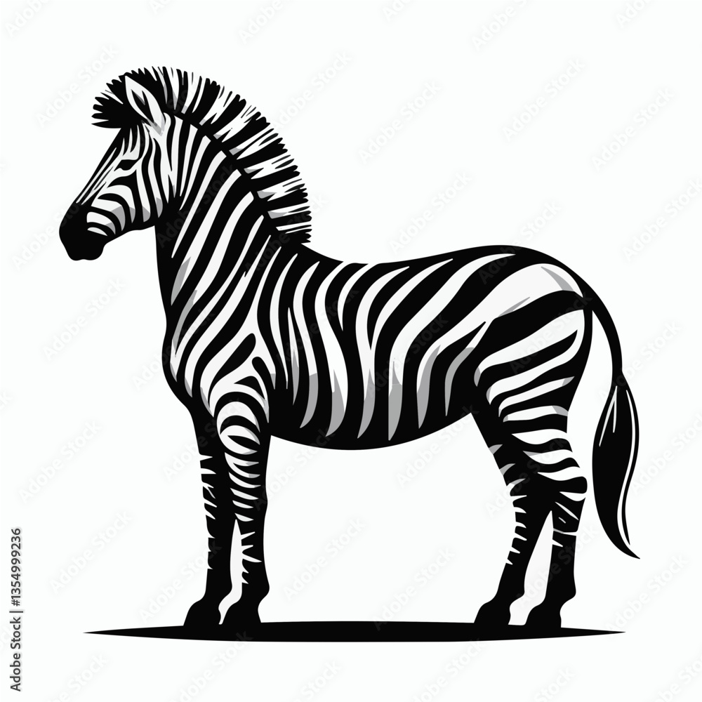 Obraz premium zebra, black and white stripes, side profile, standing pose, detailed illustration, high contrast, minimalist background, wildlife art, graphic design style, sharp edges, silhouette, vector.