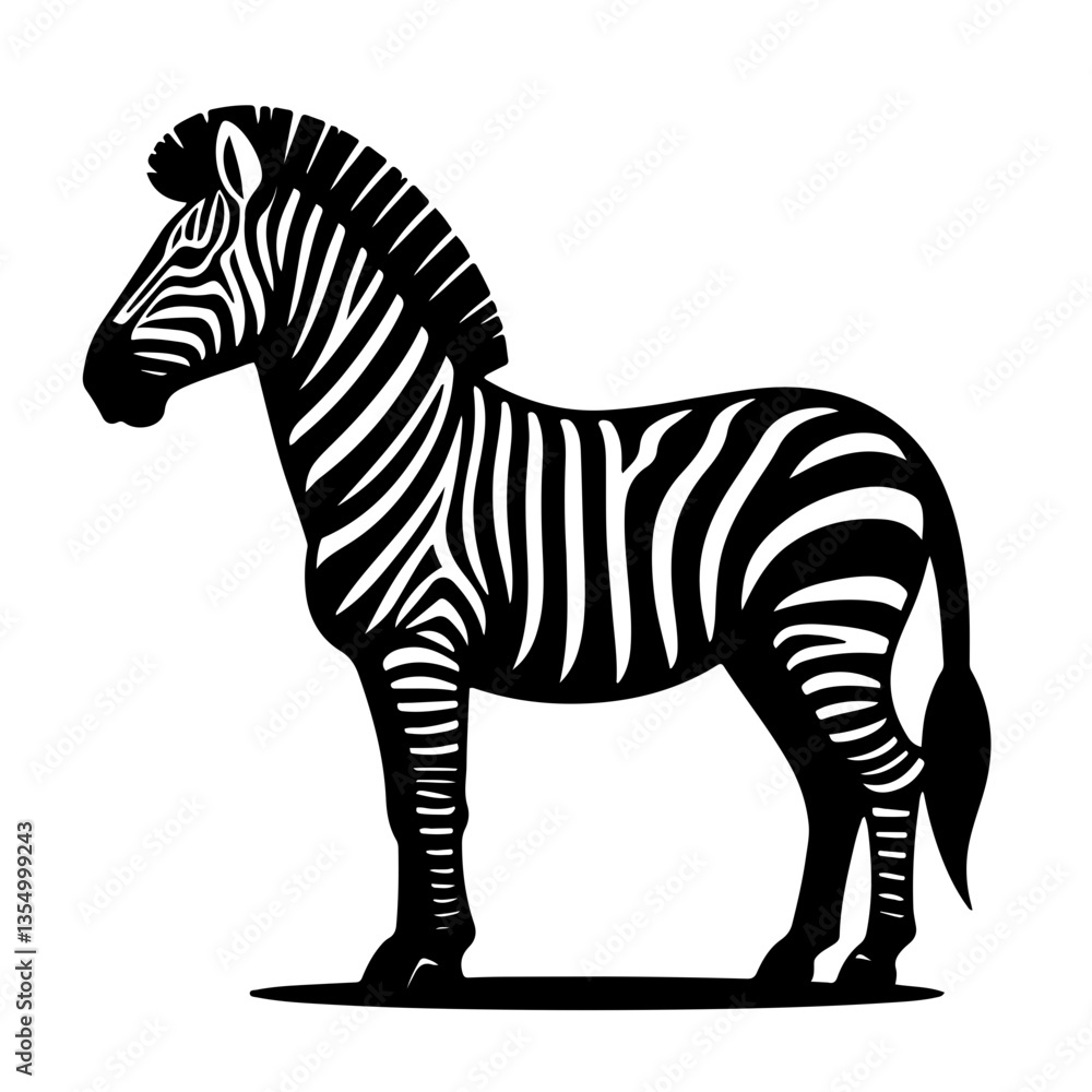 Fototapeta premium zebra, black and white stripes, side profile, standing pose, detailed illustration, high contrast, minimalist background, wildlife art, graphic design style, sharp edges, silhouette, vector.
