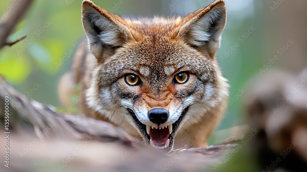 Obraz premium Close-up of an Angry Coyote Displaying Its Teeth in Nature