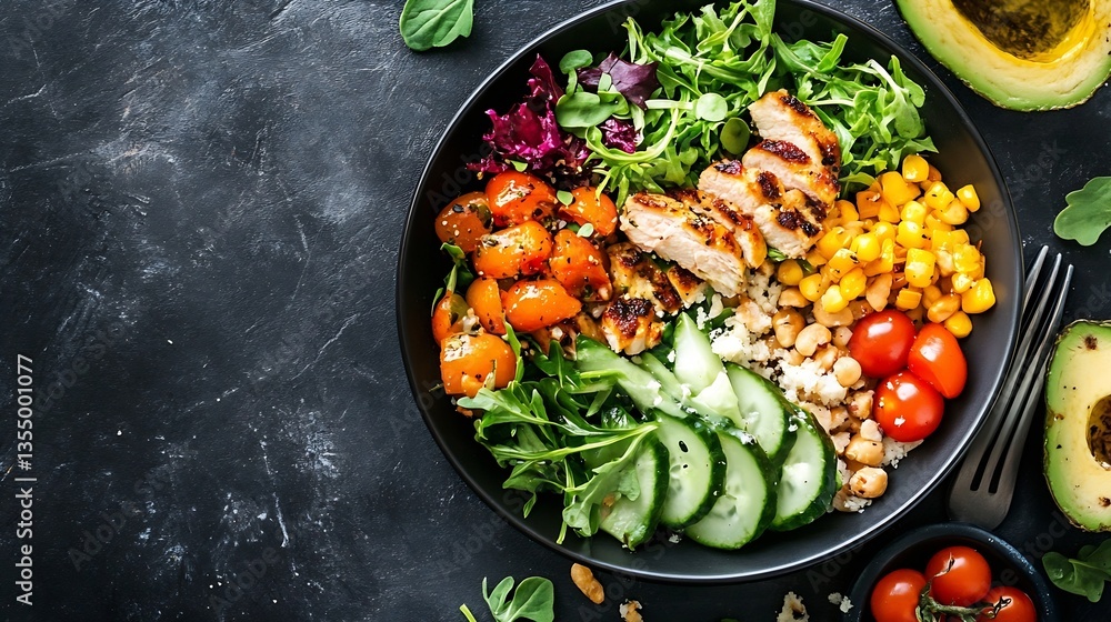 Delicious and healthy salad bowl featuring grilled chicken fresh veggies and colorful toppings : Generative AI Delicious and healthy salad bowl featuring grilled chicken fresh veggies and colorful toppings : Generative AI