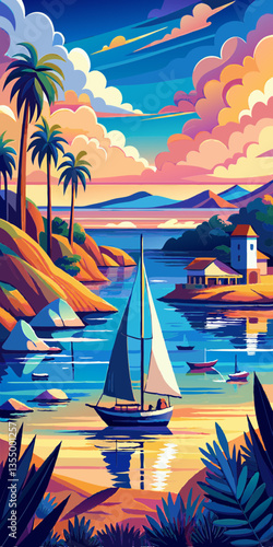 Tropical seascape with sailboat at sunny day. Sail yacht in beautiful lagune. Marine landscape with mountains and boat. AI generated vector illustration