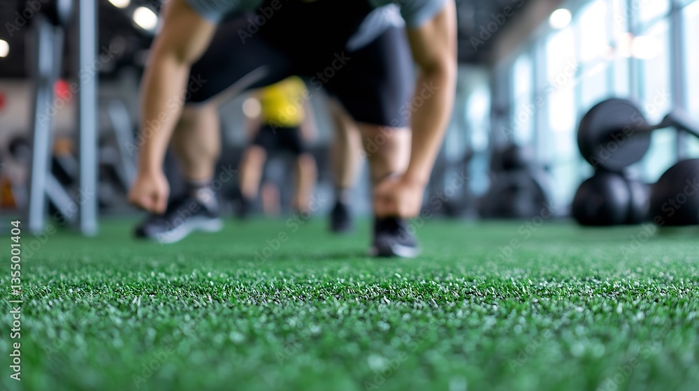 Naklejka premium Focused athlete preparing for exercise on turf in a modern fitness center gym : Generative AI