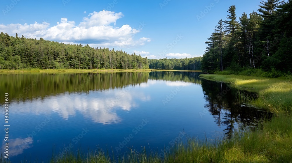 Serene Lake Surrounded by Lush Green Forest and Clear Blue Sky in Summer : Generative AI Serene Lake Surrounded by Lush Green Forest and Clear Blue Sky in Summer : Generative AI
