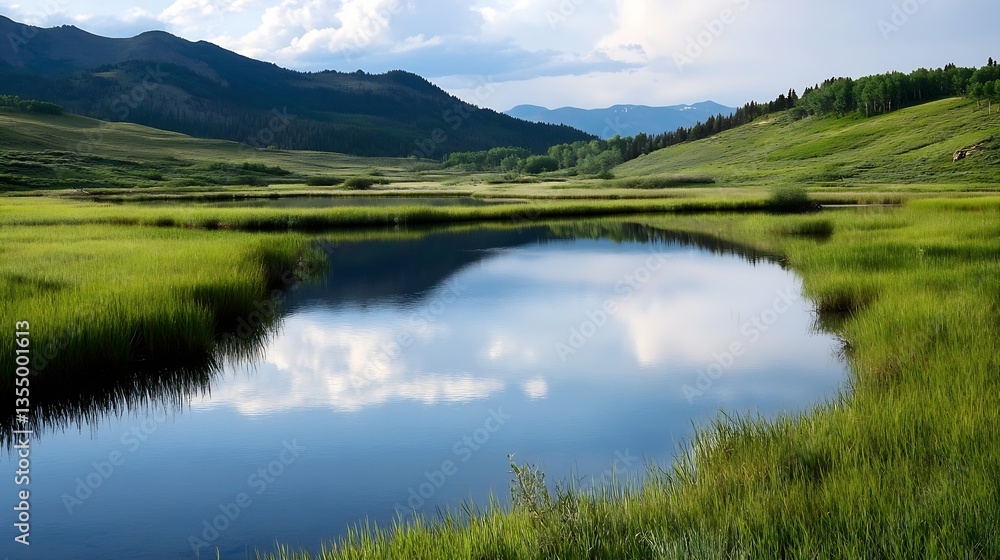 Serene mountain landscape with a reflective lake surrounded by lush greenery and gentle hills : Generative AI Serene mountain landscape with a reflective lake surrounded by lush greenery and gentle hills : Generative AI