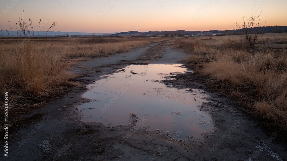 Sunset Glow Over a Dirt Path with Puddles Amidst Brown Grass in Open Fields : Generative AI
