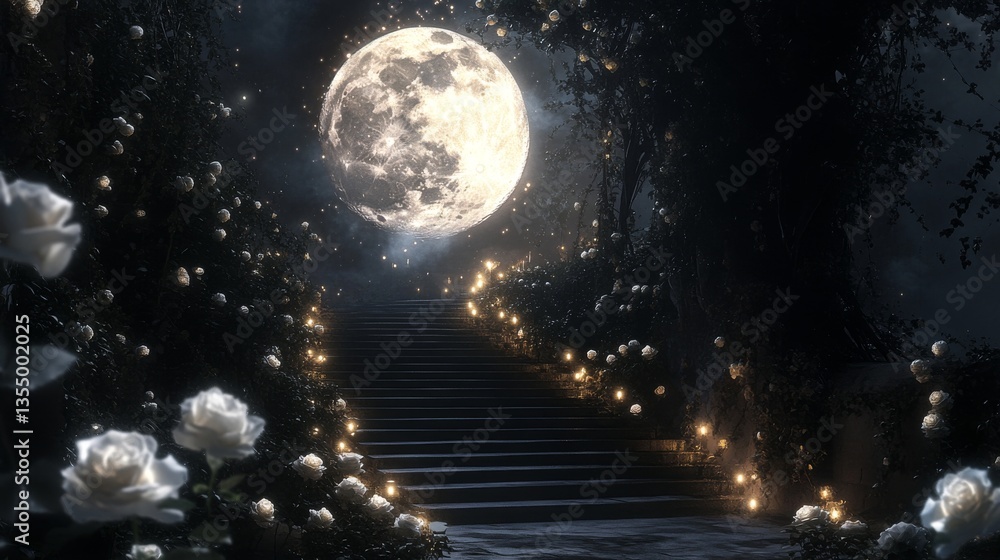 Fototapeta premium Magical staircase illuminated by soft lights, leading up to a large, full moon. Surrounded by blooming white roses, this night scene evokes a fairytale-like atmosphere.. AI Generation