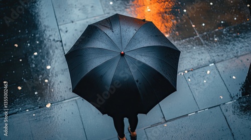 Top-down view of a lone person holding a black umbrella on a wet city street, raindrops visible on the fabric.