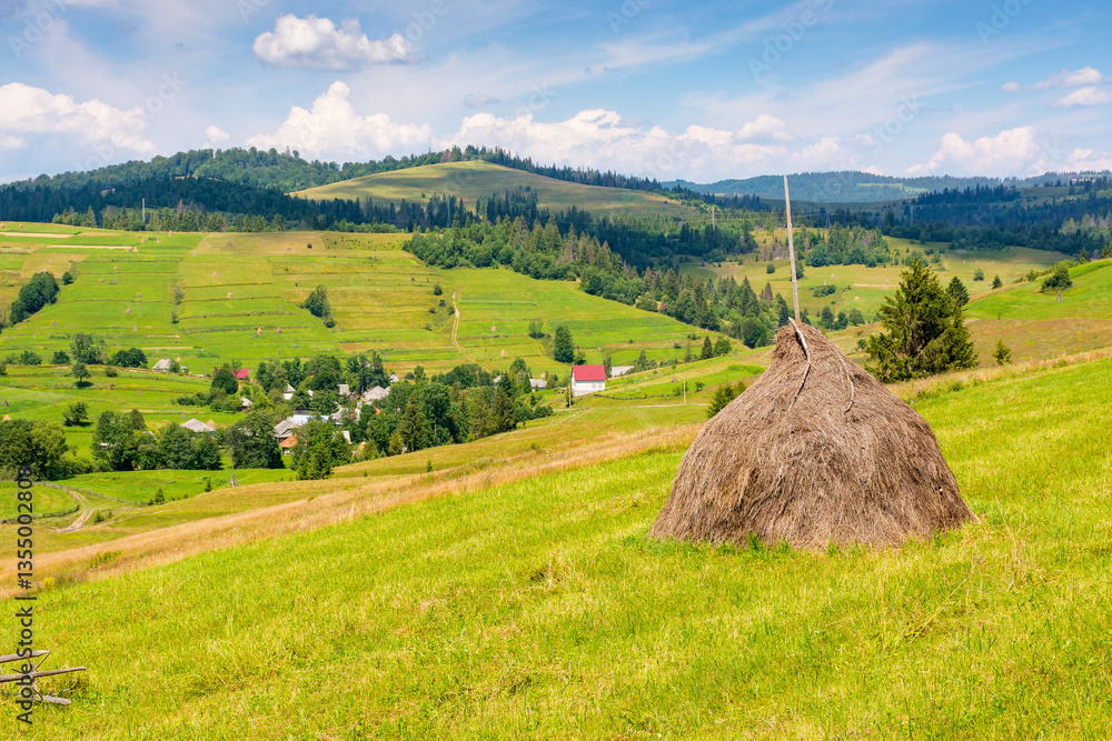 rural landscape in summer. countryside scenery with haystack on the field beneath a blue sky with clouds. carpathian village in the distance