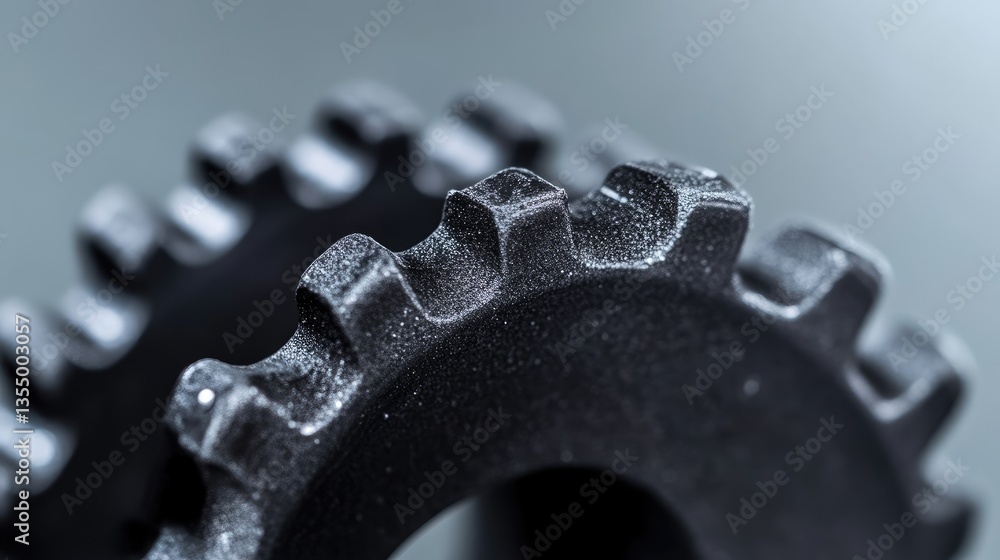 Close-up view of interlocking gears. Detailed view of the teeth and contours of two closely meshed gears. The image highlights the precision and intricate design of mechanical components Close-up view of interlocking gears. Detailed view of the teeth and contours of two closely meshed gears. The image highlights the precision and intricate design of mechanical components