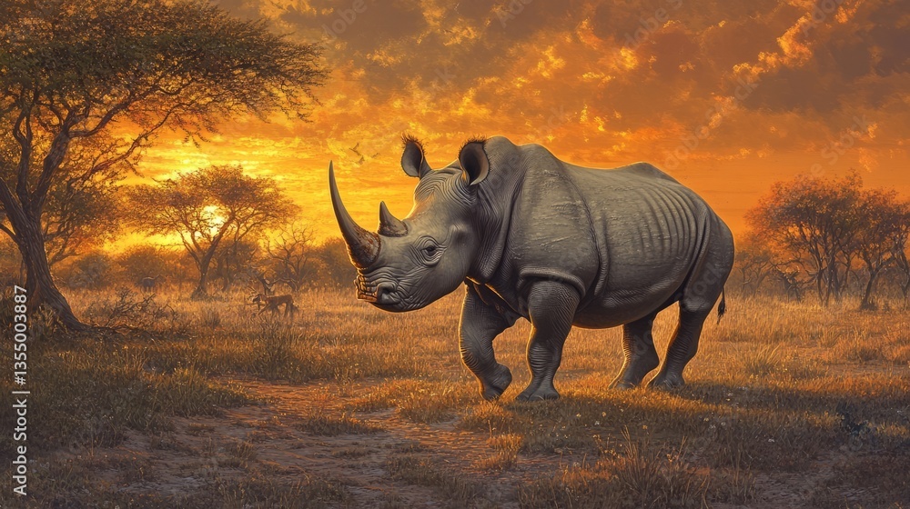 Fototapeta premium White rhinoceros walking through a sunlit savanna, with its horn and rough gray skin glowing under the warm light of a late afternoon sun.