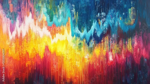 A striking abstract painting featuring a vibrant gradient of colors, transitioning from deep blues and purples to fiery reds and yellows. This piece exudes energy and dynamism.. AI Generation