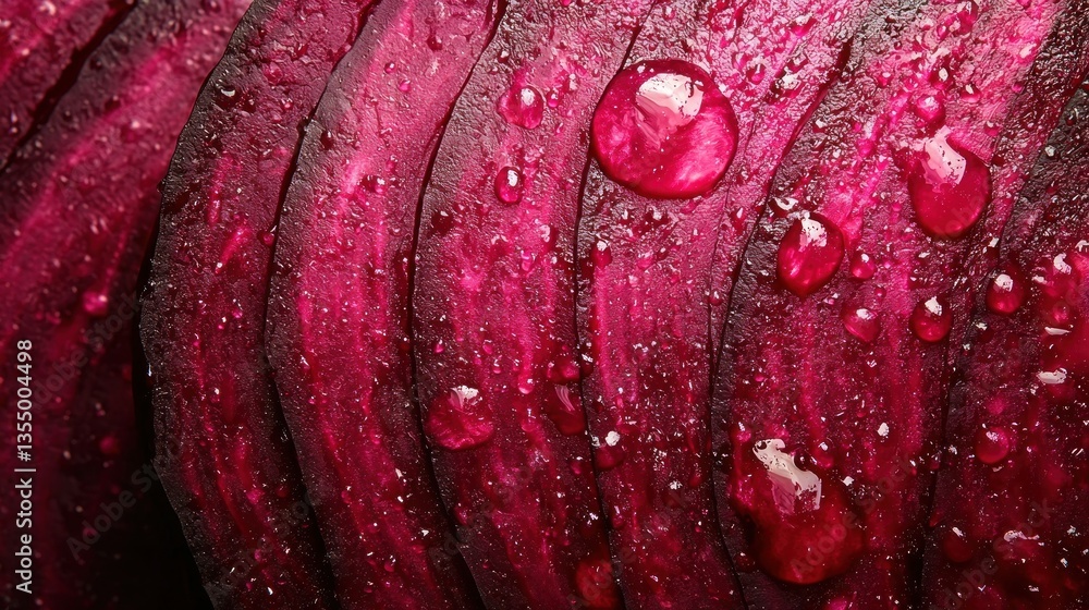 Fototapeta premium Sliced Beetroot, Water Droplets, Close-up, Dark Background, Food Texture