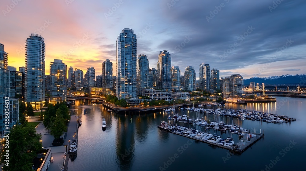 Dramatic City Skyline at Sunset with Glowing Oceanfront View : Generative AI Dramatic City Skyline at Sunset with Glowing Oceanfront View : Generative AI
