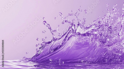 Captivating purple water splash showing a burst of motion with sharp, defined droplets and fluid arcs, creating a stunning visual contrast on a purple background.. AI Generation