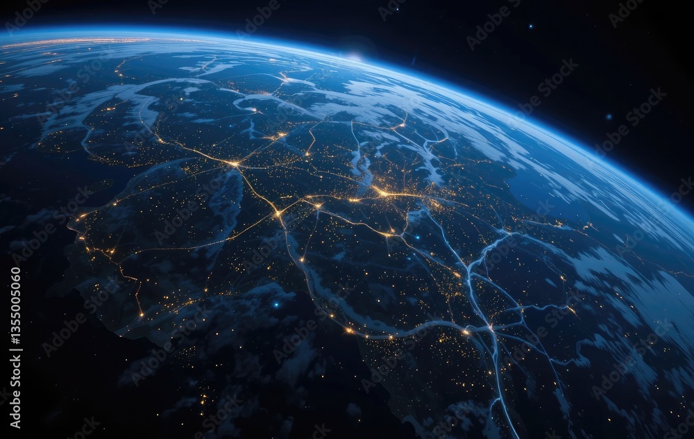 Obraz premium Earth View From Space at Night with City Lights and Atmosphere