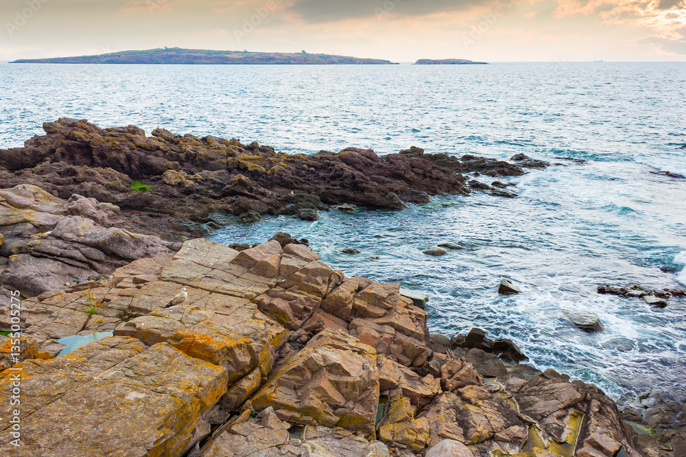sea rock on the coast. travel nature background with stone on the shore. dramatic inspiration. beautiful summer vacation at the seaside. calm surface of blue water and evening sky in seascape