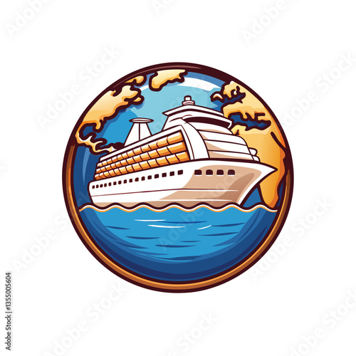 A detailed illustration of a cruise ship sailing a circular path around a realistic globe, emphasizing the global travel aspect.