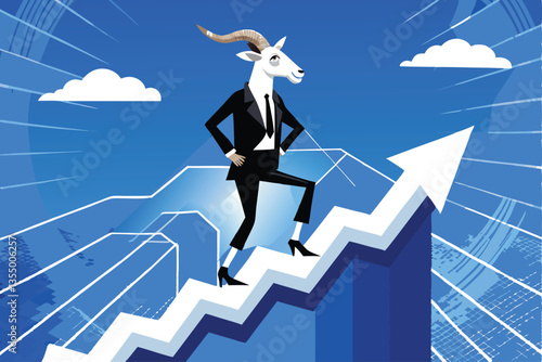 A goat in a suit, perched atop a ladder, consults on a growing business, symbolizing ambitious entrepreneurial growth.