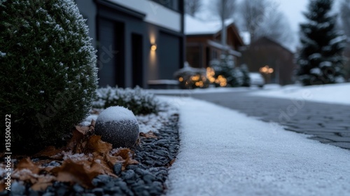 Snowy winter landscape in front of modern homes.  A paved walkway is covered in snow, edged by shrubs and decorative stones, with a snow-covered orb. 