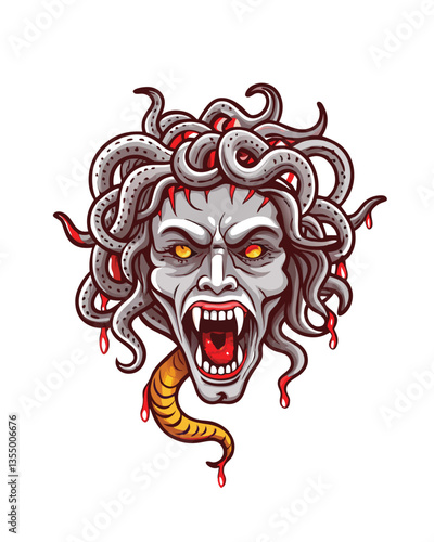 A horrifying Gorgon, serpentine hair matted with blood,  visceral detail showcasing decaying flesh and exposed bone, a truly grotesque depiction.