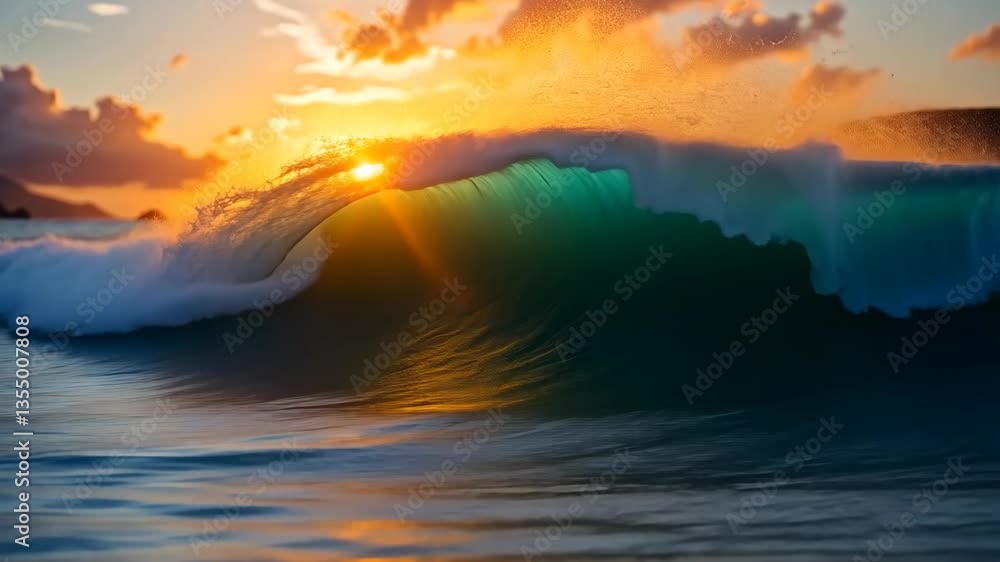 Majestic Ocean Wave Curving Under a Fiery Orange Sunset Sky Reflecting Golden Light in a Scenic Tropical Seascape Majestic Ocean Wave Curving Under a Fiery Orange Sunset Sky Reflecting Golden Light in a Scenic Tropical Seascape