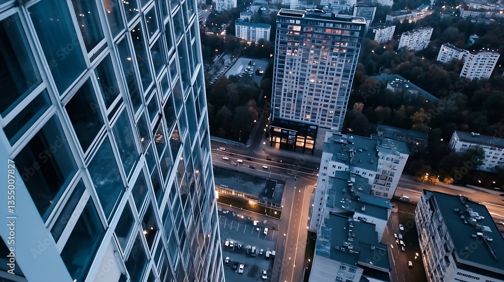 Fototapeta premium Aerial view of urban cityscape at twilight showcasing glow of buildings and streets below : Generative AI