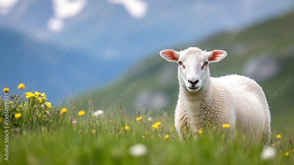 Obraz premium Adorable sheep standing in a vibrant green meadow surrounded by colorful flowers with a mountain backdrop : Generative AI