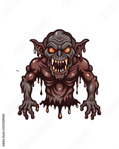 A gruesome goblin, dripping with dark, viscous fluids,  revealing sharp teeth and claws.  Depict intense detail and horrifying features.