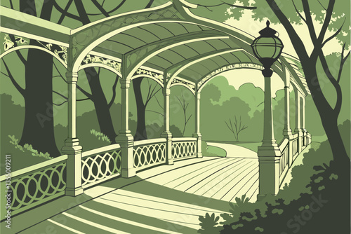 12 Ornate white iron bridge, lush green forest, dappled sunlight, tranquil park setting, wooden planks, stone pillars, arched bridge design, serene pathway, leafy canopy, nature walk, romantic atmosph