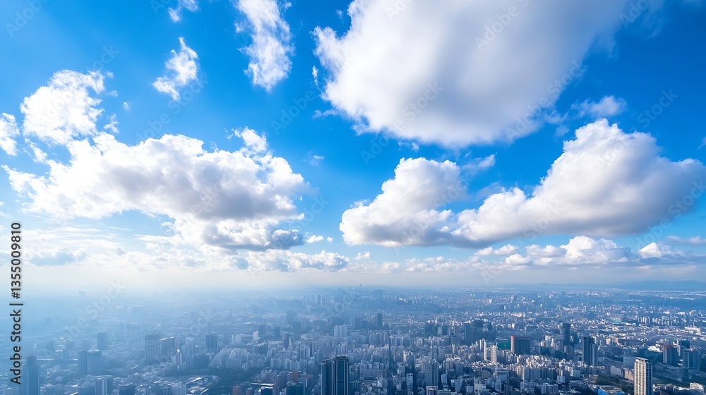 Breathtaking aerial view of urban cityscape under a vibrant blue sky dotted with white fluffy clouds : Generative AI Breathtaking aerial view of urban cityscape under a vibrant blue sky dotted with white fluffy clouds : Generative AI