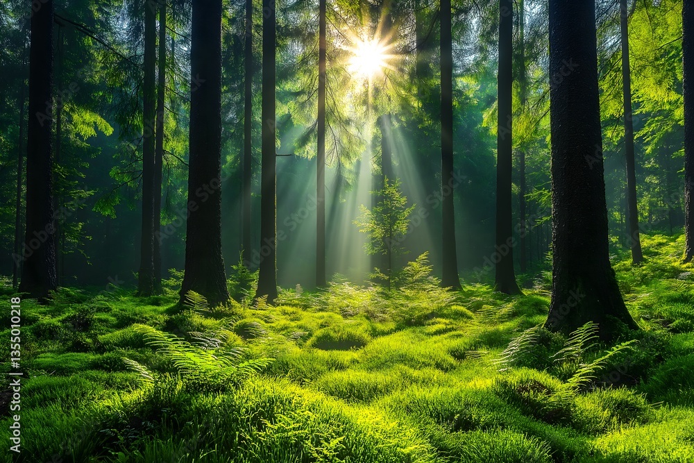 Fototapeta premium Sunlight Piercing the Forest Canopy