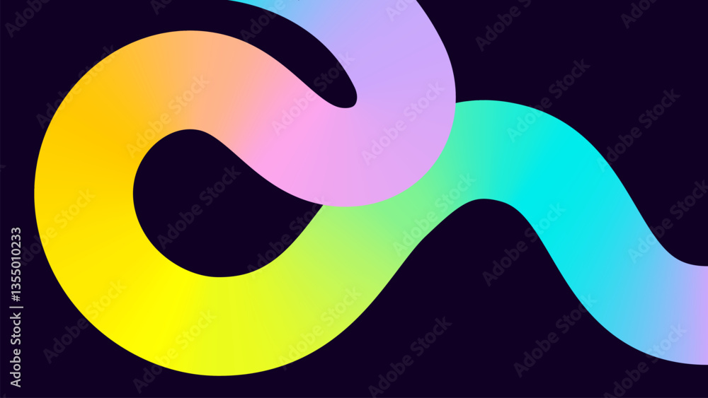 Abstract river, snake, rainbow curve smooth line with neon gradient. Empty web banner with swirled colored ribbon shape with loop on black background. Vector illustration EPS10 1920,1080 Abstract river, snake, rainbow curve smooth line with neon gradient. Empty web banner with swirled colored ribbon shape with loop on black background. Vector illustration EPS10 1920,1080