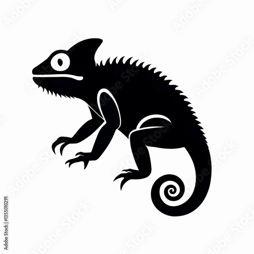 Minimalist Black Chameleon Silhouette with Curled Tail on White Background