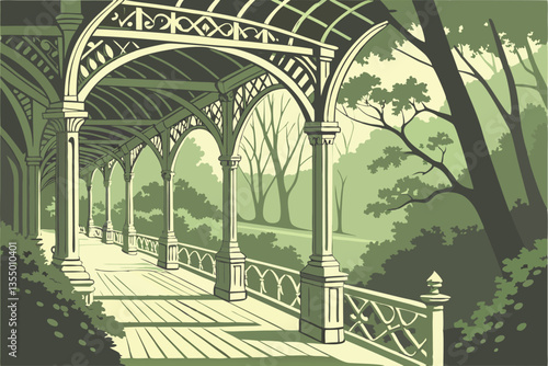 12 Ornate white iron bridge, lush green forest, dappled sunlight, tranquil park setting, wooden planks, stone pillars, arched bridge design, serene pathway, leafy canopy, nature walk, romantic atmosph