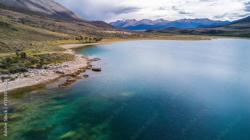 Stunning aerial view of a tranquil lake surrounded by mountains and lush greenery under a cloudy sky : Generative AI Stunning aerial view of a tranquil lake surrounded by mountains and lush greenery under a cloudy sky : Generative AI