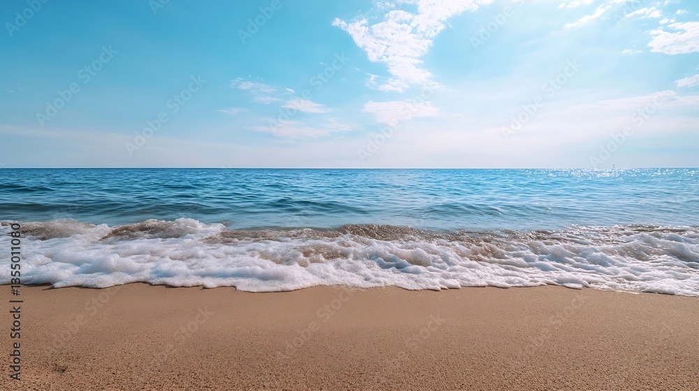 Calm Ocean Waves Gently Lapping Against Sandy Beach Under a Clear Blue Sky : Generative AI Calm Ocean Waves Gently Lapping Against Sandy Beach Under a Clear Blue Sky : Generative AI