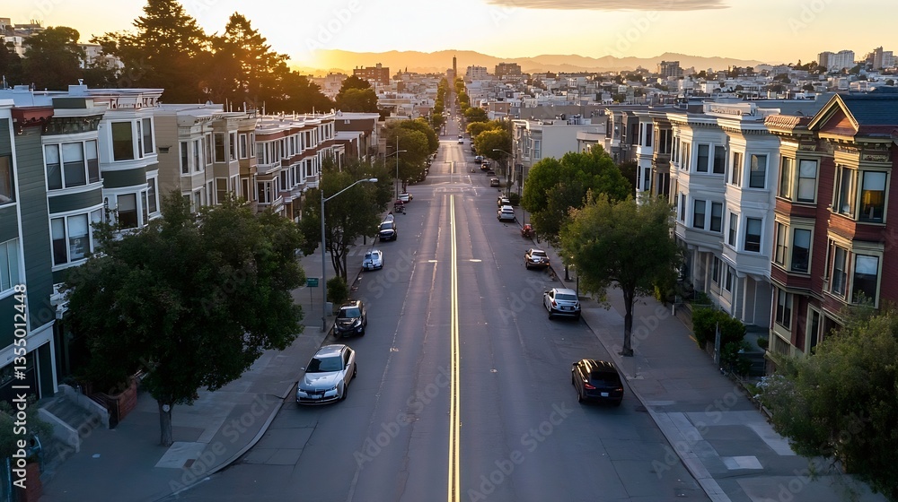 Fototapeta premium Picturesque street lined with historic buildings leading towards a distant hill while basking in sunlight : Generative AI