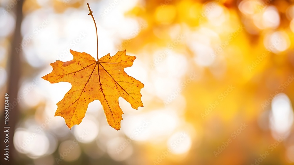 Autumn leaf hanging from a tree branch with a soft golden background showing seasonal beauty : Generative AI Autumn leaf hanging from a tree branch with a soft golden background showing seasonal beauty : Generative AI